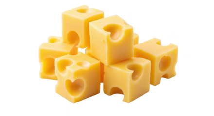 Pile of Swiss cheese cubes with heart shaped holes on background food