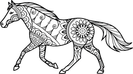 Fototapeta premium Ornate horse illustration with intricate line patterns art, Cute unicorn vector graphic design. Detailed horse head illustration with floral patterns ideal for coloring book enthusiasts delighting 