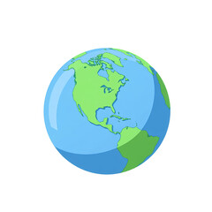 Obraz premium A simple flat illustration of a globe with continents in blue and green, isolated on white background, ideal for education, travel, and global clipart projects.