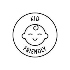 Kid friendly round label vector icon with smiling baby face outline design