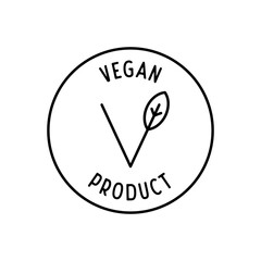 Vegan product round label vector icon with leaf outline design