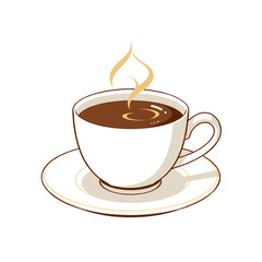 Fototapeta premium Vector illustration of a steaming hot coffee cup with saucer, clean lines and flat style, isolated on white background, perfect for café menus and clipart design.