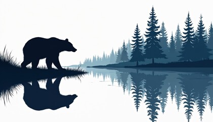Bear standing on hind legs facing viewer in serene landscape with river, forest, and trees. Central composition creates balance. Gray border gives classic timeless feel.