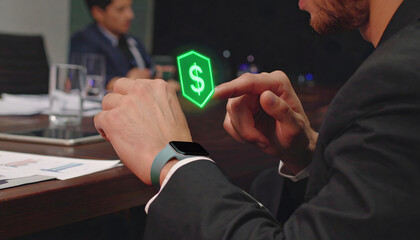Businessman Using Smartwatch with Money Icon Hologram