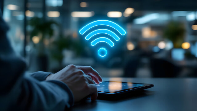 Businessman Using Tablet with WiFi Icon Hologram