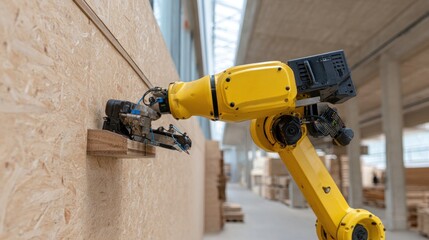 Yellow robot arm working on a light-brown wooden wall
