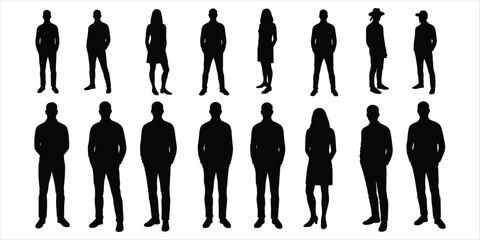 Eighteen diverse human silhouettes in casual and formal wear on white people group