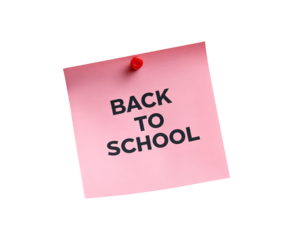 Pink sticky note with 'back to school' text pinned on white surface on transparent background, PNG