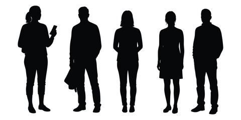 Five Diverse Adult Silhouettes Standing and Holding Objects on White people group