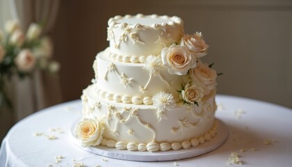 Obraz na płótnie Canvas Three-tiered wedding cake with white fondant base, intricate floral designs. White roses, daisies adorn cake, creating sophisticated look. Scattered rose petals surround cake, emphasizing