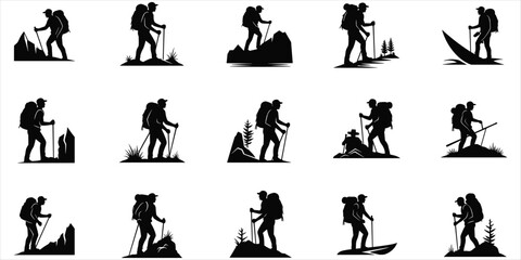 Fifteen Silhouettes of Hikers with Backpacks and Poles on White Background hiking trekking