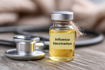 Influenza Vaccination written on sticky note attached to glass vial