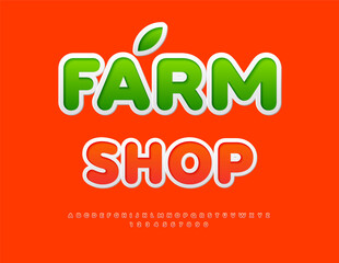 Naklejka premium Vector Eco signboard Farm Shop. Red Sticker Font. Bright Alphabet Letters and Numbers set.