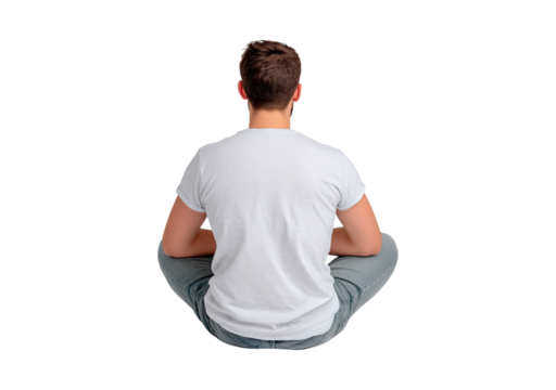 Man sitting cross-legged viewed from behind on transparent background, PNG