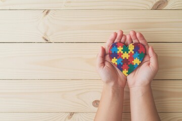Hands gently holding a colorful heartshaped puzzle symbolizing autism awareness and support