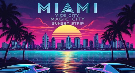 Miami Vice City Sunset Neon Illustration.