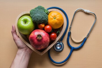 Hand holding heartshaped bowl of fresh fruits and vegetables with stethoscope symbolizing healthy lifestyle