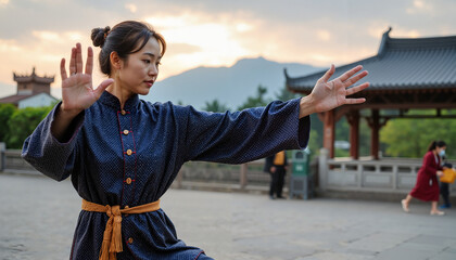 Asian woman practicing Tai Chi in traditional outfit outdoors at sunset