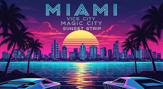 Miami Vice City Sunset Neon Illustration.