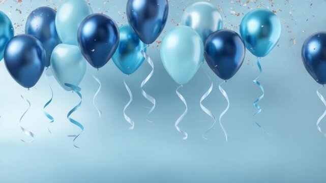Festive blue balloons floating with curly ribbons and confetti for celebration event