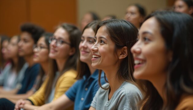 Group of young students, diverse group of people, attends college orientation session in lecture hall. Happy faces, positive atmosphere during educational event. People listen to lecture attentively.