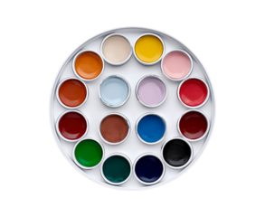 Vibrant circular watercolor palette with multiple color options on transparent background, PNG