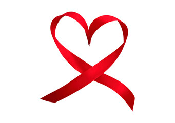Red ribbon heart symbolizing awareness and support on transparent background, PNG