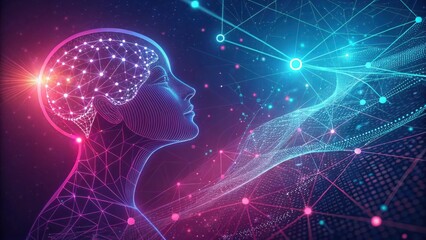 Fototapeta premium Abstract digital representation of a human head with glowing neural network connections and data streams isolated on transparent background