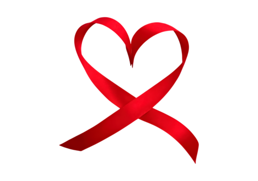Red ribbon heart symbolizing awareness and support on transparent background, PNG