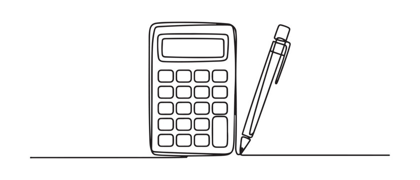 Continuous one line drawing calculator with pen. Budget planning concept. Single line draw design vector graphic illustration. Vector black silhouette. with white background