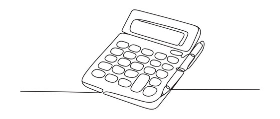 Continuous one line drawing calculator with pen. Budget planning concept. Single line draw design vector graphic illustration. Vector black silhouette. with white background