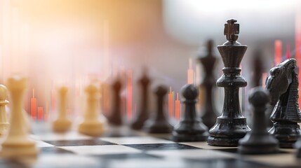 Awesome photo of chess pieces on board with financial graphs overlay. Business strategy concept, decision making, competitive analysis, investment planning visualized through.