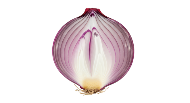 Red onion half with visible layers and roots on background image