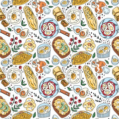 Seamless pattern with egg in different variations, egg on toast, fried, boiled white background