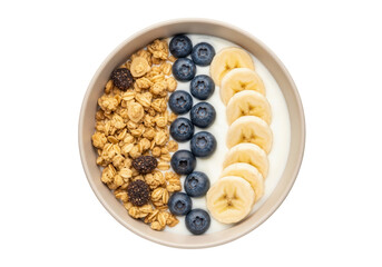 Granola yogurt bowl with blueberries and banana slices isolated PNG with Transparent Background