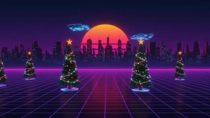 Retro futuristic Christmas celebration with neon trees and flying cars against a city sunset skyline - Powered by Adobe
