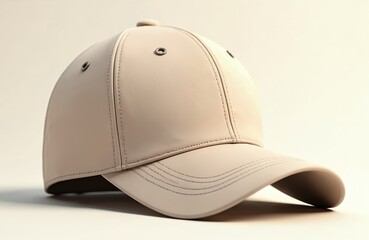 Fototapeta premium Beige baseball cap on gray surface. Cap is tilted, brim is curved. Small white logo on brim adds detail to simple design. Cap is main focus, no other objects or text present.