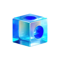 Fototapeta premium A translucent, light-blue cube with a deep-blue, circular cutout. The cube's edges have a slightly frosted appearance
