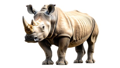 Fototapeta premium A full shot of a white rhinoceros, displaying its robust physique and textured skin against a plain white background.