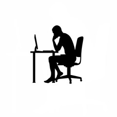 Programmer resting chin on hand, thinking deeply silhouette on white background.