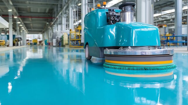 Awesome photo of industrial floor cleaning machine polishes shiny blue factory floor with teal brush.