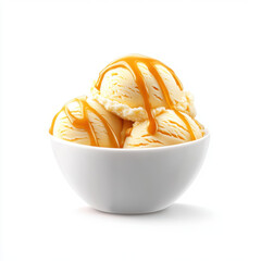 Creamy vanilla ice cream scoops drizzled with caramel sauce in bowl, on white background.