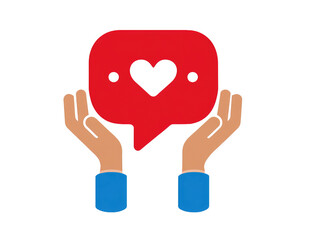 Red speech bubble with a heart, held by two caring hands