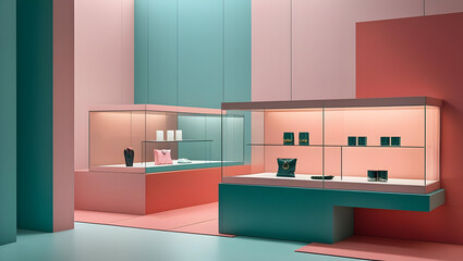 Modern display showcase with pink teal and coral color palette walls