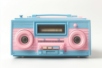 Fototapeta premium Vintage boombox in pastel tones, soft blue and light pink colors, smooth surface, cute retro shape, isolated on white background