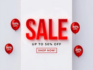 Holiday sale promotional banner with bold 3d red letters and festive balloons showing discounts up to 50 percent perfect for e-commerce stores, ads, retail campaigns and seasonal offers