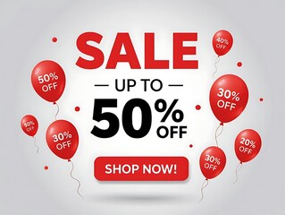 Sale event promotional template featuring red balloons with discount percentages and bold typography perfect for advertising campaigns, holiday promotions and e-commerce marketing designs