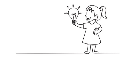 Continuous one line drawing happy little girl holding a light bulb in her hand. Earth hour concept. Vector black silhouette. with white background