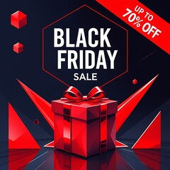 Black friday sale banner with 3d black gift box wrapped in glossy red ribbon, bold discount typography, modern red geometric shapes and dark luxury background highlighting up to 70 percent off retail