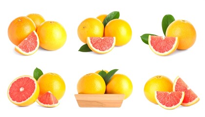 Collection of fresh grapefruit segments and whole fruits against a bright white background.